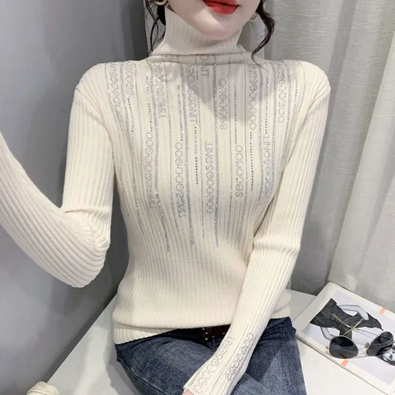 Female Clothing Stylish Letter Diamonds Sweaters Long Sleeve Autumn Winter New All-match Casual Slim Solid Color Knitted Jumpers