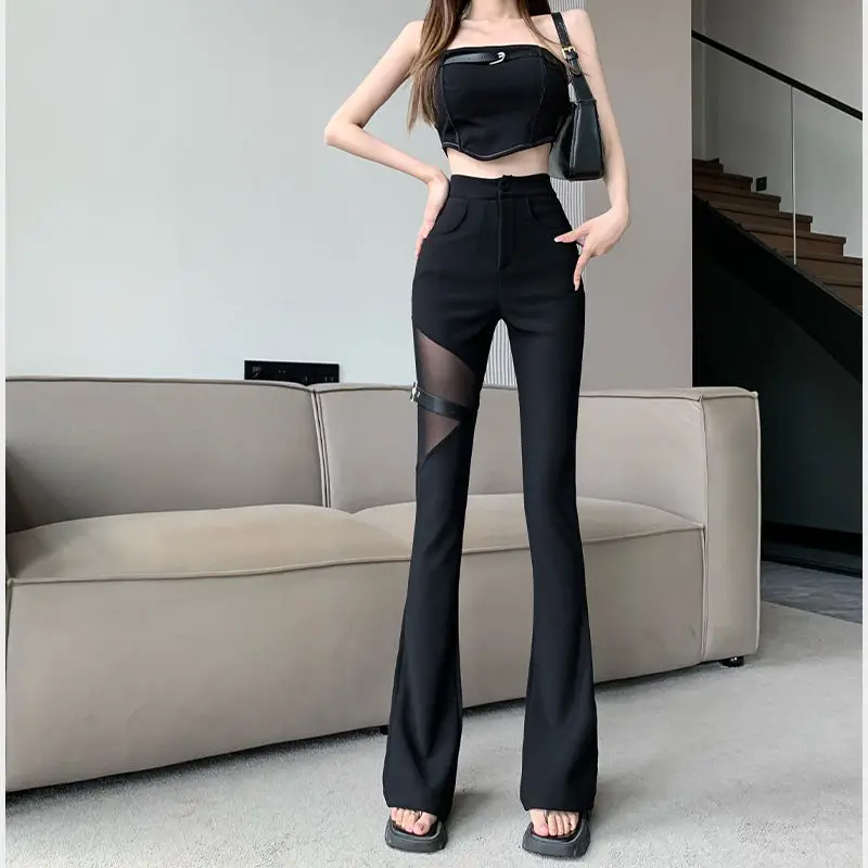 Women's 2024 Spring Summer Thin Sexy Spicy Girl Gauze Breathable Spliced Pocket Solid Color Straight Button Casual Flash Pants