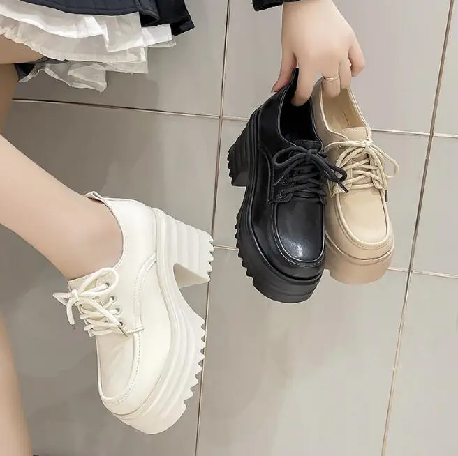 Women High Heels Shoes New Trend Fashion Party Shoes Wedges Pumps Casual Ladies Lace Up PU Leathesr Black Shoes