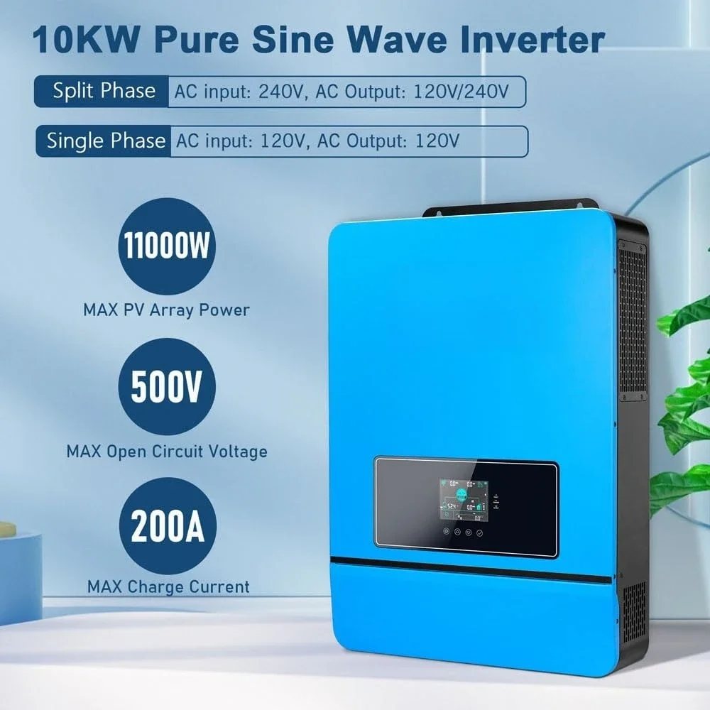 10000W DC 48V UL1741 Solar Inverter,Support Parallel, Built-in 2 MPPT Solar Controllers, Max. 200A Battery Charging, AC Input