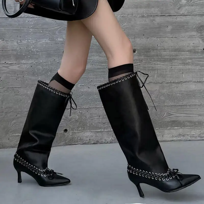 Designer Lace Up Hollow Out Knee High Boots Women Autumn 2026 Sexy Pointed Toe High Heel Long Boots Y2K Stilettos Long Booties image 3