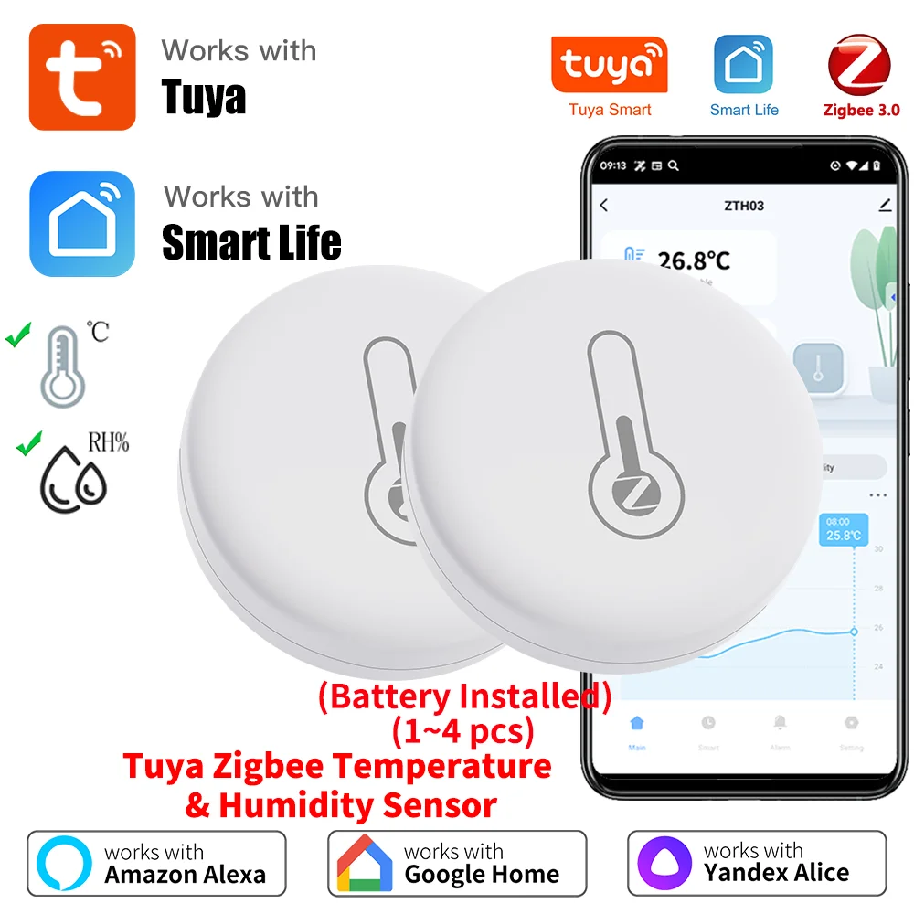 1~4pcs Tuya Zigbee 3.0 Temperature Humidity Sensor APP Remote Control for Smart Home via SmartLife Works with Yandex Alexa