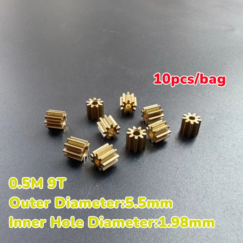 0.5M 92A Brass Gears Nine Teeth 1.98mm Hole Metal Gear Spare Parts Accessory 10pcs/bag