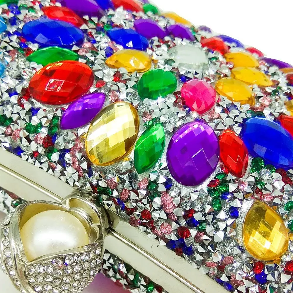 Bolso de mano Multicolor con diamantes de imitación para mujer, Cartera de noche con perlas, brillante, para boda y graduación