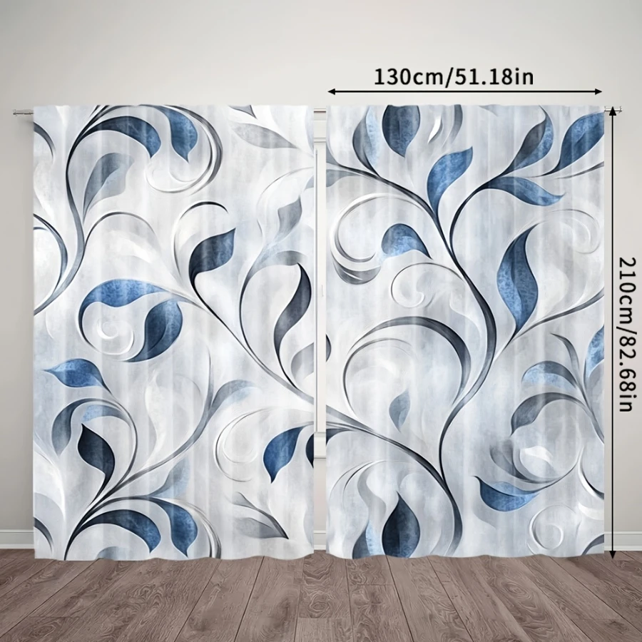 2PCS Digital Print  Curtain, Gray Blue Curly Leaves, Rustic Farmhouse Window Treatment Drape for Bedroom Kitchen Decor