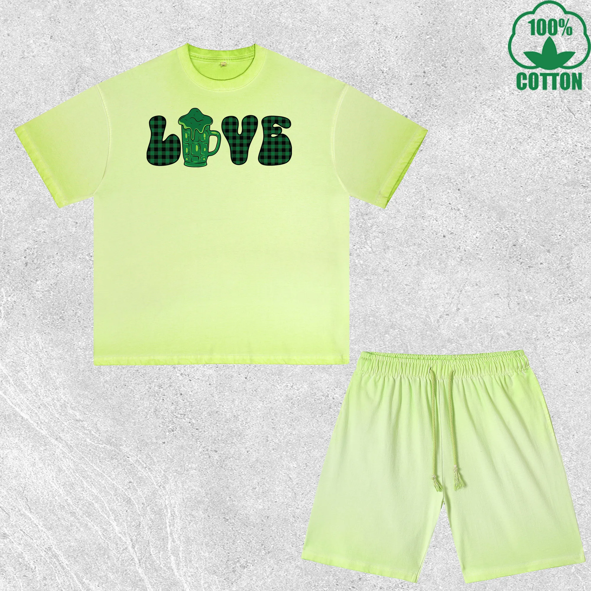 

Комплект из футболки и шорт с принтом LOVE, эффект потертости, разноцветный, свободный крой, модный, 100% хлопок, выгодный набор