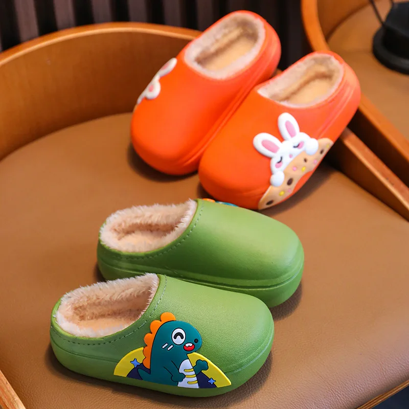 Children Slippers Cartoon Dinosaur Anti Slip Waterproof Soft Sole Winter Plush Girl Baby Cotton Slippers Kids Shoes for Girl