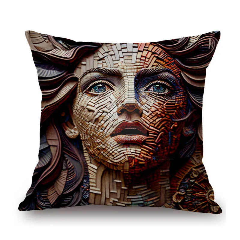 Pretty Classic Oil Painting Girl Face Mosaic Cotton Linen Home Decorative Sofa Throw Pillow Case Chair Seat Cushion Cover