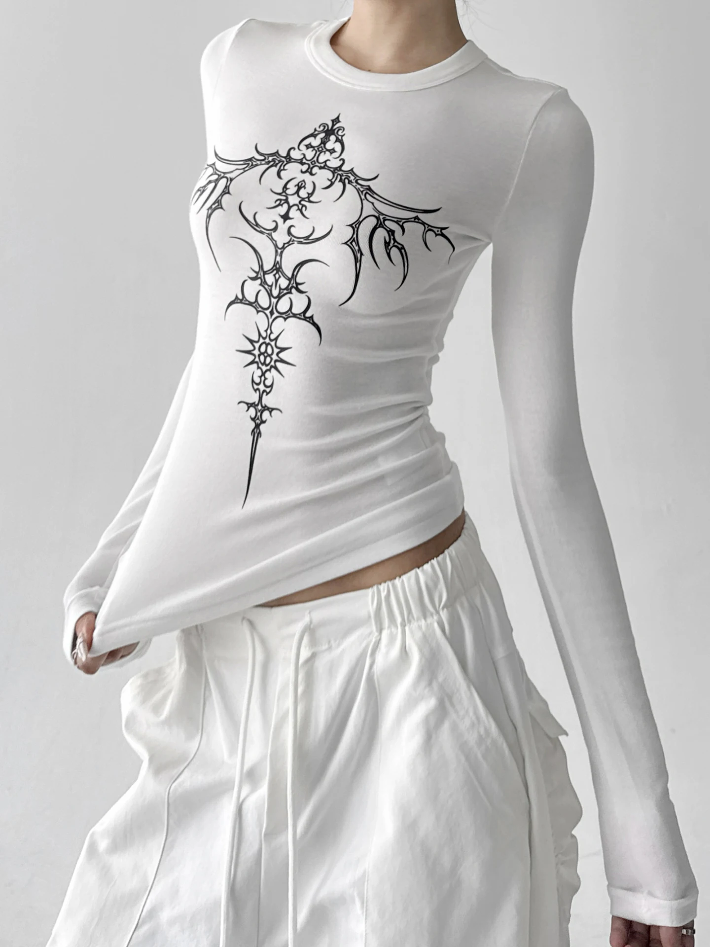 American High Street Spicy Girl Cross White ort Sve T-irt Women's Autumn Winter Slimming Waist-Cinching Top