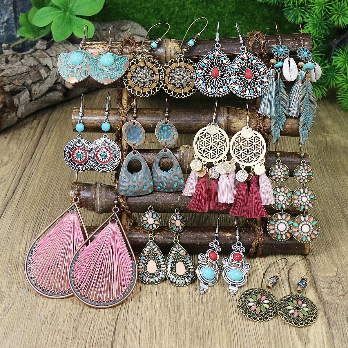 12 Pairs Of Boho Colorful Earrings Combination Set Tassel/Shell/Turquoise Design Geometric Shape Big Water-drop Party Decor