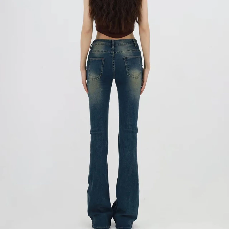 Vintage americano baixo aumento queimado jeans rebite studs angustiado lavado denim calças bootcut magro y2k harajuku rua denim calças