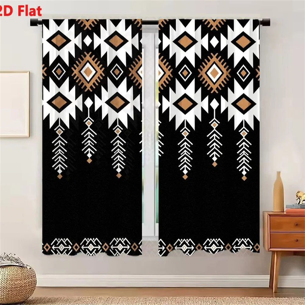 2Pcs Curtains 2D Flat Black Background With Repeating Geometric Pattern Including White Brown Tan Black Diamond Triangular Arrow