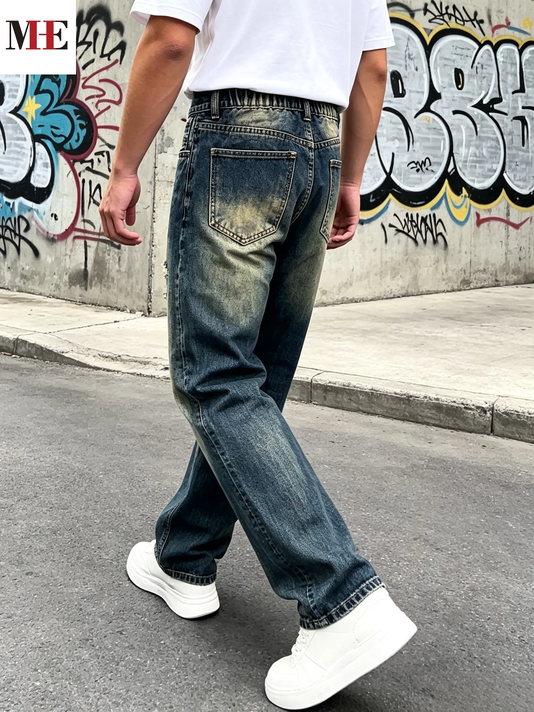 【HME】Men's Jeans | Destroyed Frayed Ripped Denim Pants, Men Retro Cat‑Whisker Washed Denim Jeans With Back Elastic Waist, Loose Straight‑Fit Male Denim Trousers, Classic Five‑Pocket Design, Comfort Street‑Focused Denim Bottoms For Men
