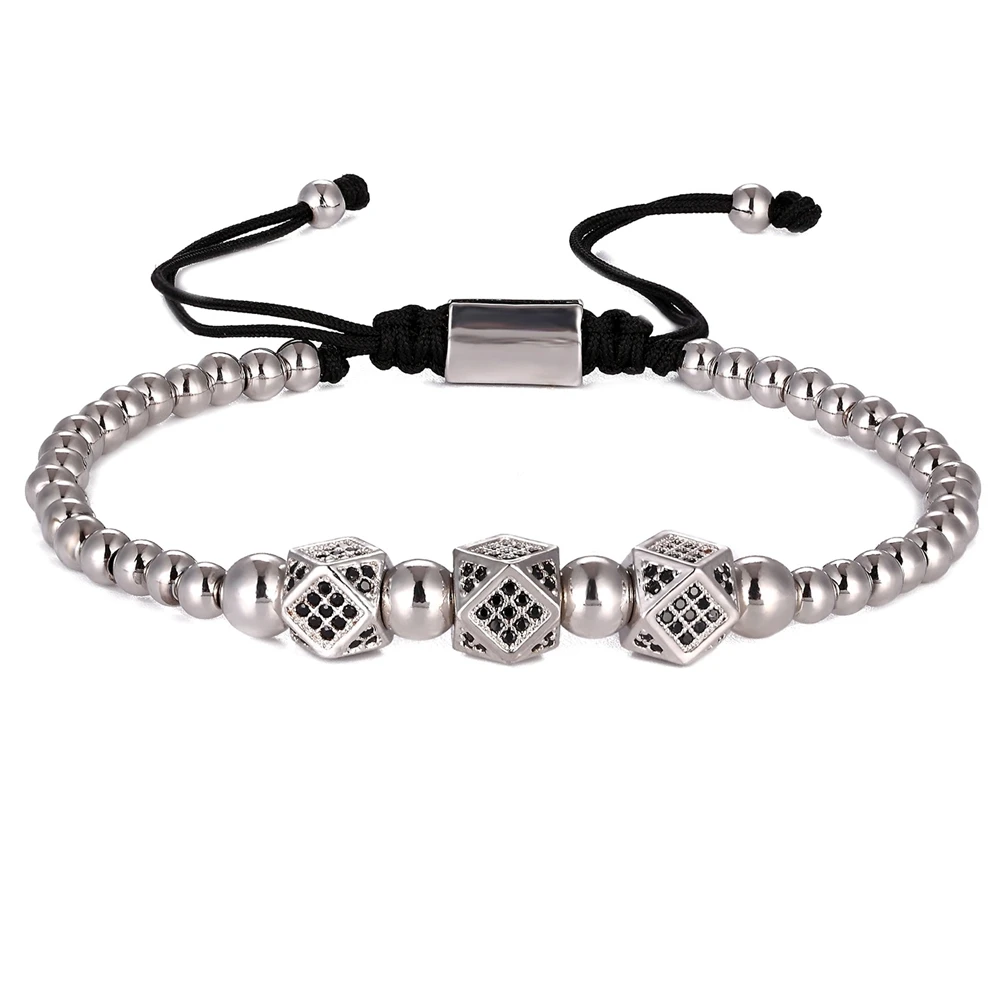 TYO 3pcs/Set Crystal Crown Cubic Zirconia Micro Pave 8mm Combination Beads Bracelet 16-25cm  Adjustable Size Rope Jewelry Gift image 3