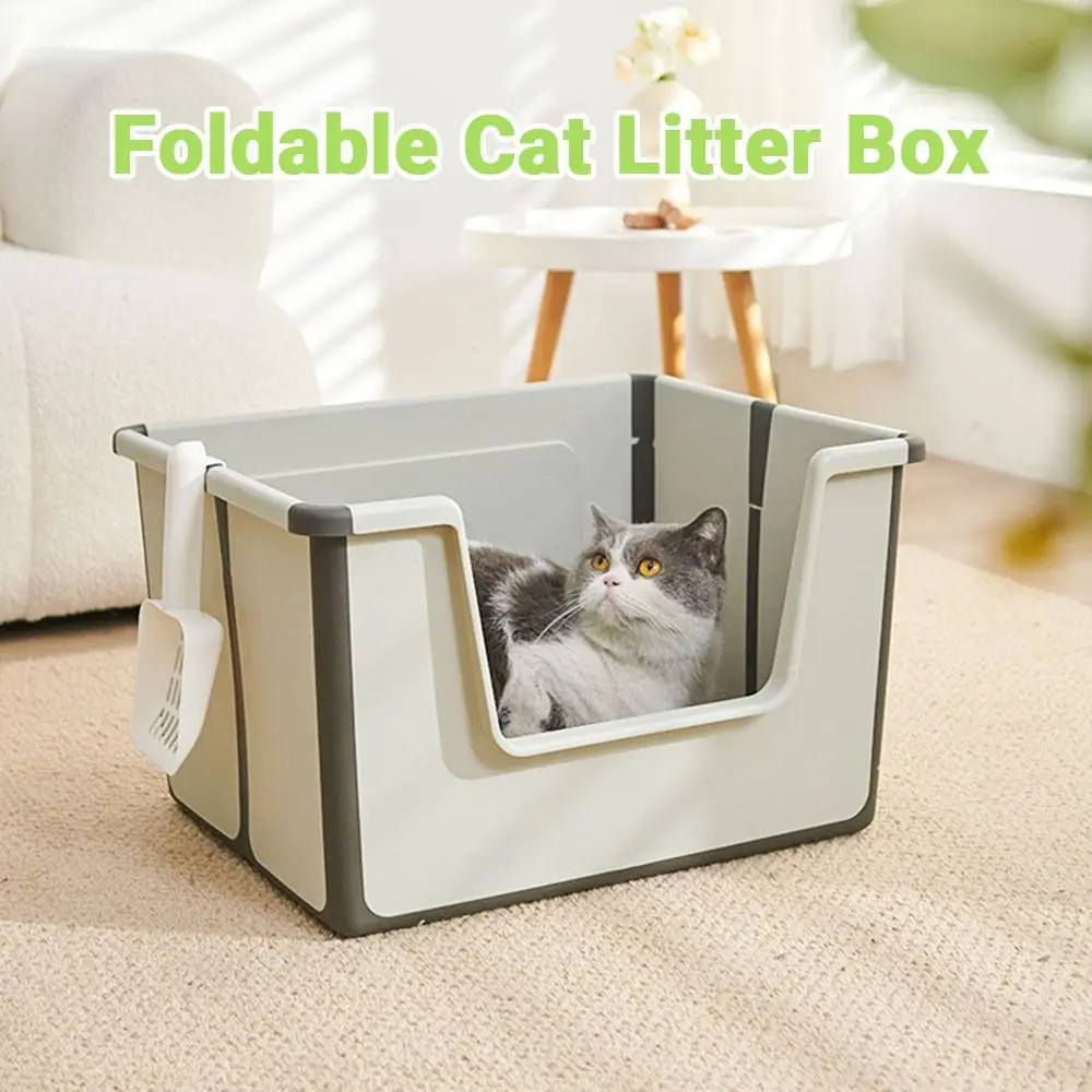 

Large Capacity Foldable Cat Litter Box High Sides Splashproof Semi-Closed Litter Box with Scoop Low Entry Open Top