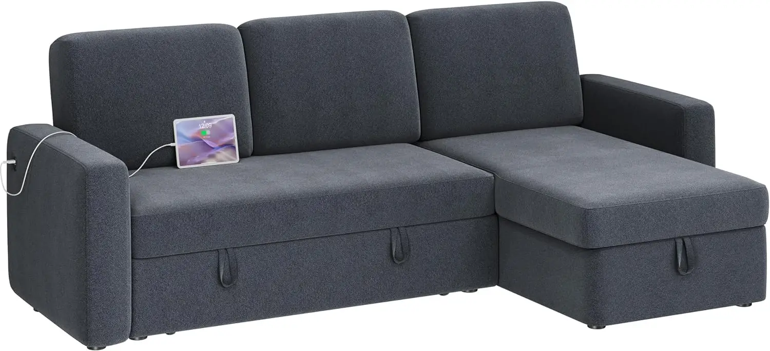 Sectional Sofa L-Vormige Bank Bank Bank Bed W/Chaise & Usb, Omkeerbare Bank Slaper W/Pull Out Bed & Opbergruimte, 4-zits Stof