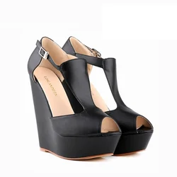 New Women Sandals Sexy Pumps Peep Toe Wedge Platform Buckle Strap Sandal Fashion Summer 14cm Super High Heels Wedding Shoes