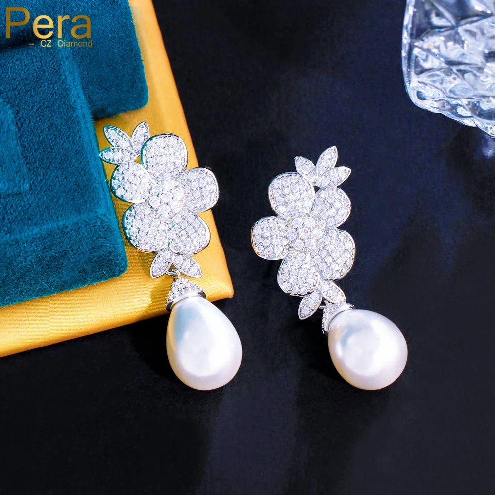 Pera Elegant White Gold Color Cubic Zircon Big Flower Shape Dangle Drop Long Pearl Earrings Wedding Jewelry for Women Party E454