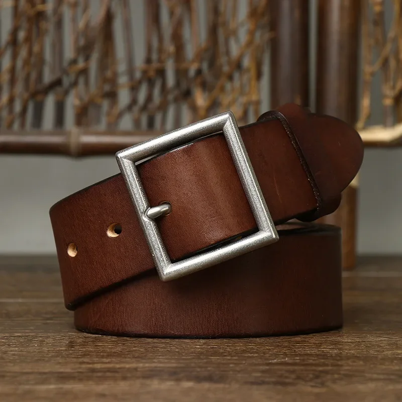 Handmade Leather Belt Men First Layer Cowhide Stainless Steel Buckle Genuine Leather Minimalistic Casual Waist Belt 3.8cm