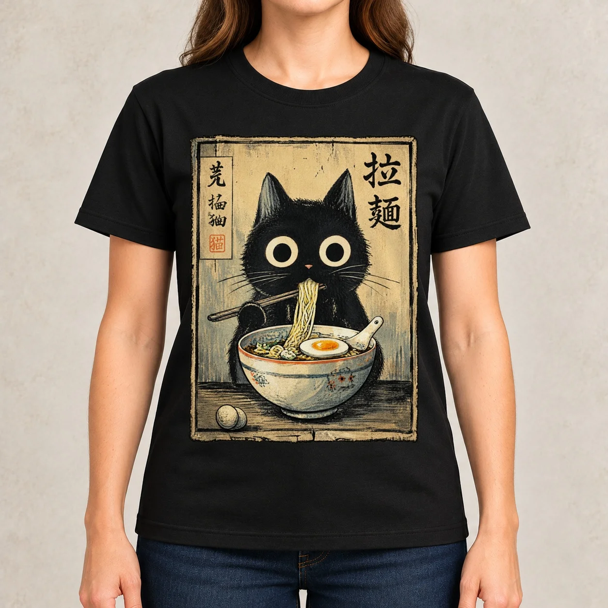 Kawaii Ramen Cat Retro Japanese Noodles Artwork Classic Women T-Shirt animal print quick-drying plain t shirts for Women