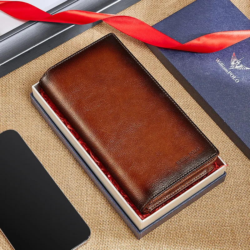 WilliamPOLO Brand Men's Wallet Luxury Designer Vintage Classic Top Quality Leather Card Holder Purse Zipper Long Wallet For Men