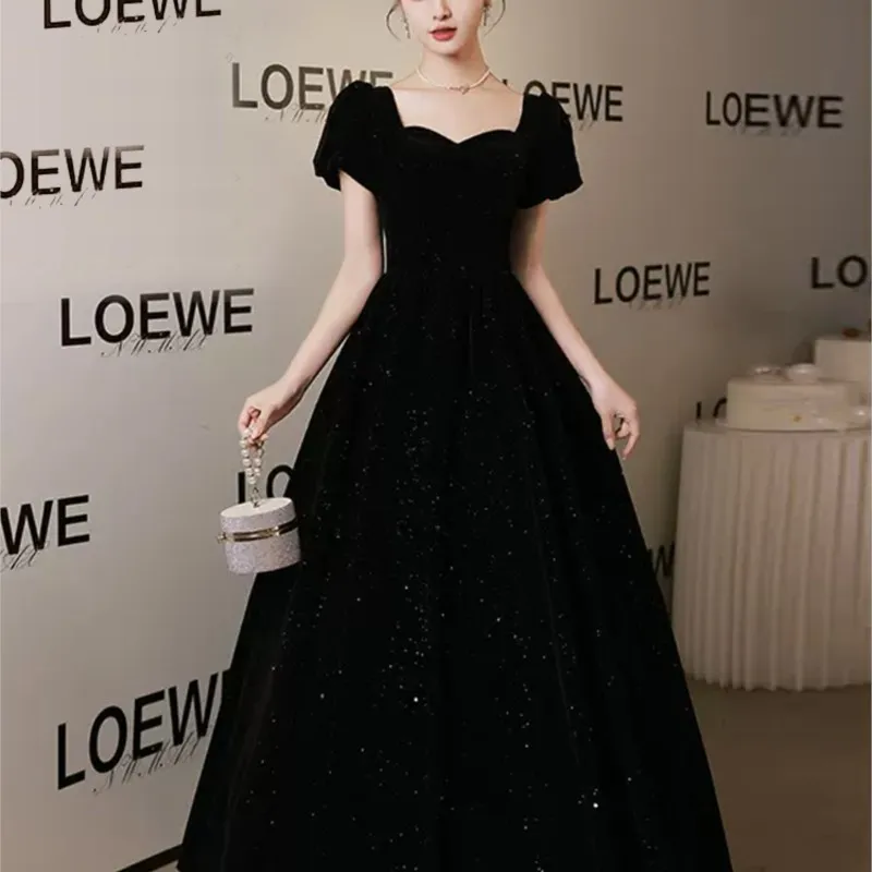 Plus-size fat temperament sense light luxury atmosphere host bright black long dress