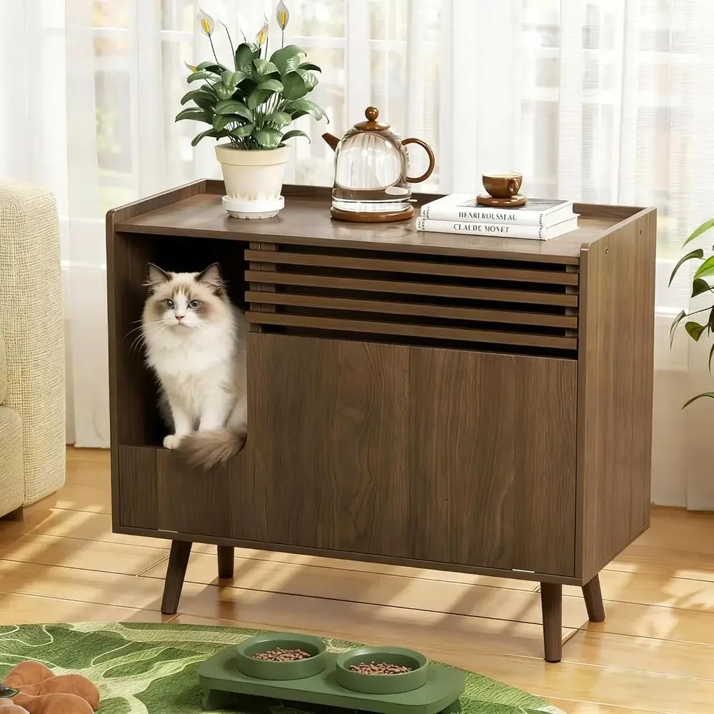Hidden Cat Litter Box Cabinet with Scratch Pad and Low-Entry Door, Brown