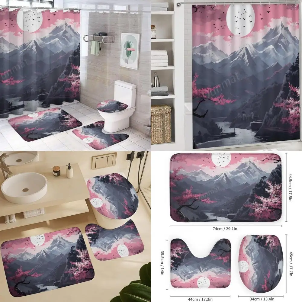 

Элегантный акварельный комплект занавесок для душа и коврика с цветком вишни - декор для ванной комнаты в стиле природы с водонепроницаемой функцией