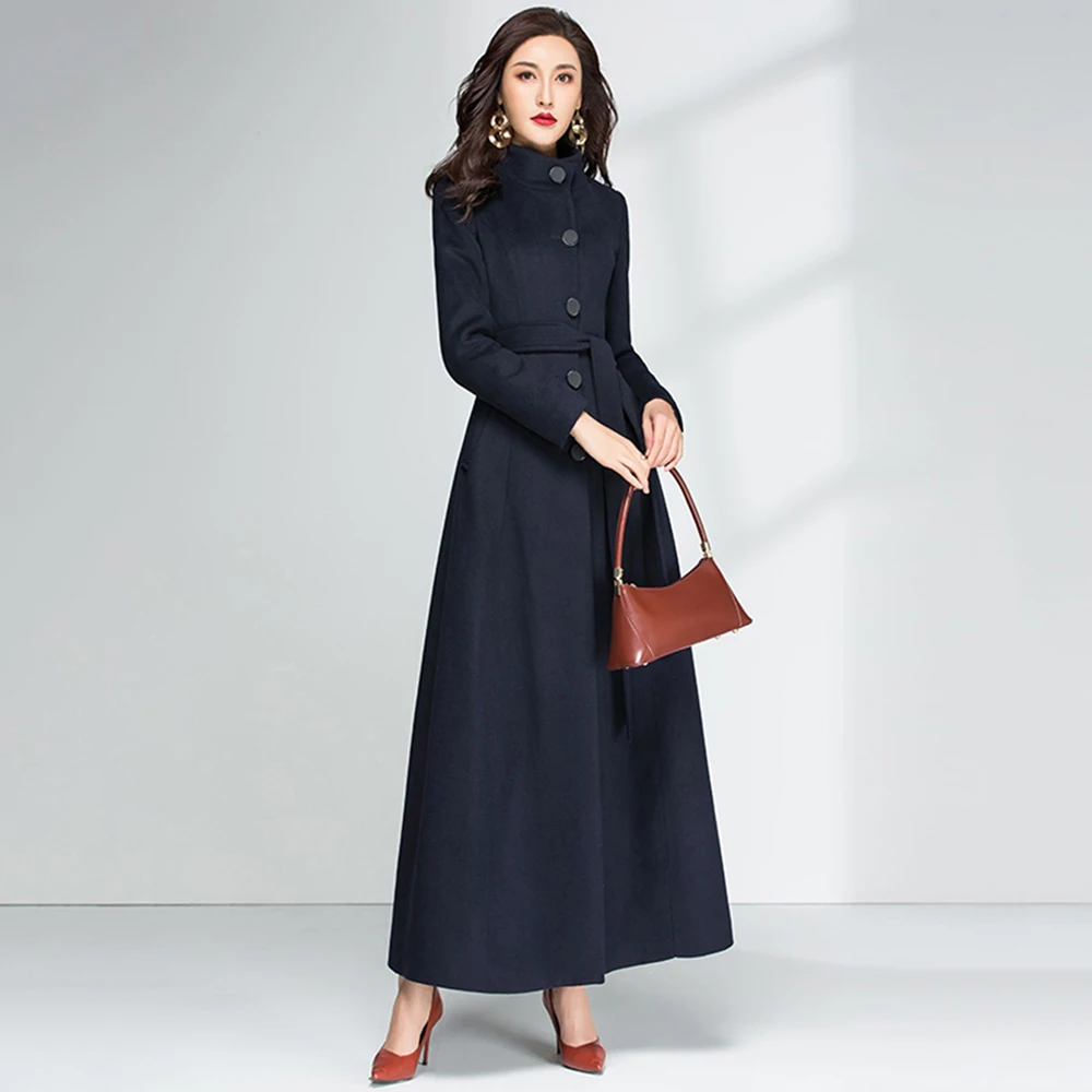 

New Women Woolen Coat Autumn Winter Elegant Fashion Stand Collar Thicken Warm Overlength Wool Blends Outerwear Slim Overcoat