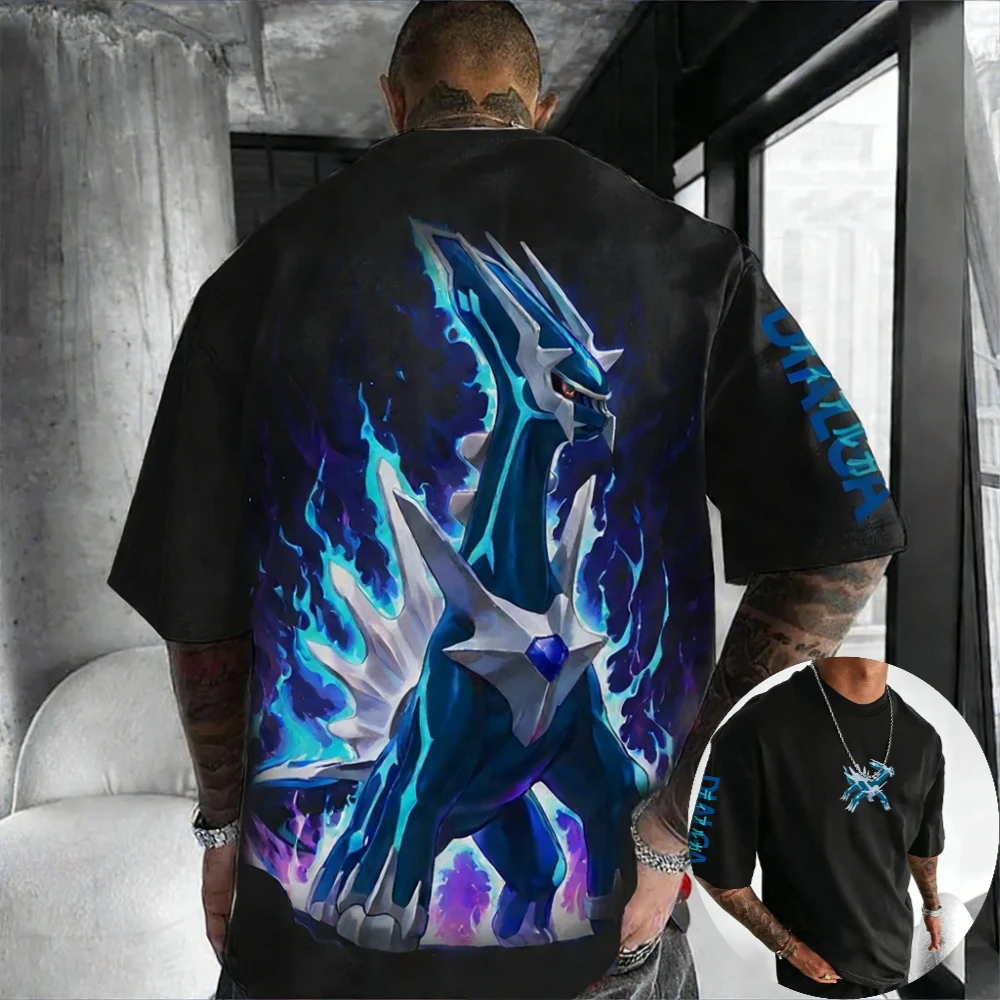 Pokémon Herren- und Damen-T-Shirt Dialga Anime Tee Sommer und Frühling Lässige, trendige Kurzarm-Eltern-Kind-Outfits für Jungen