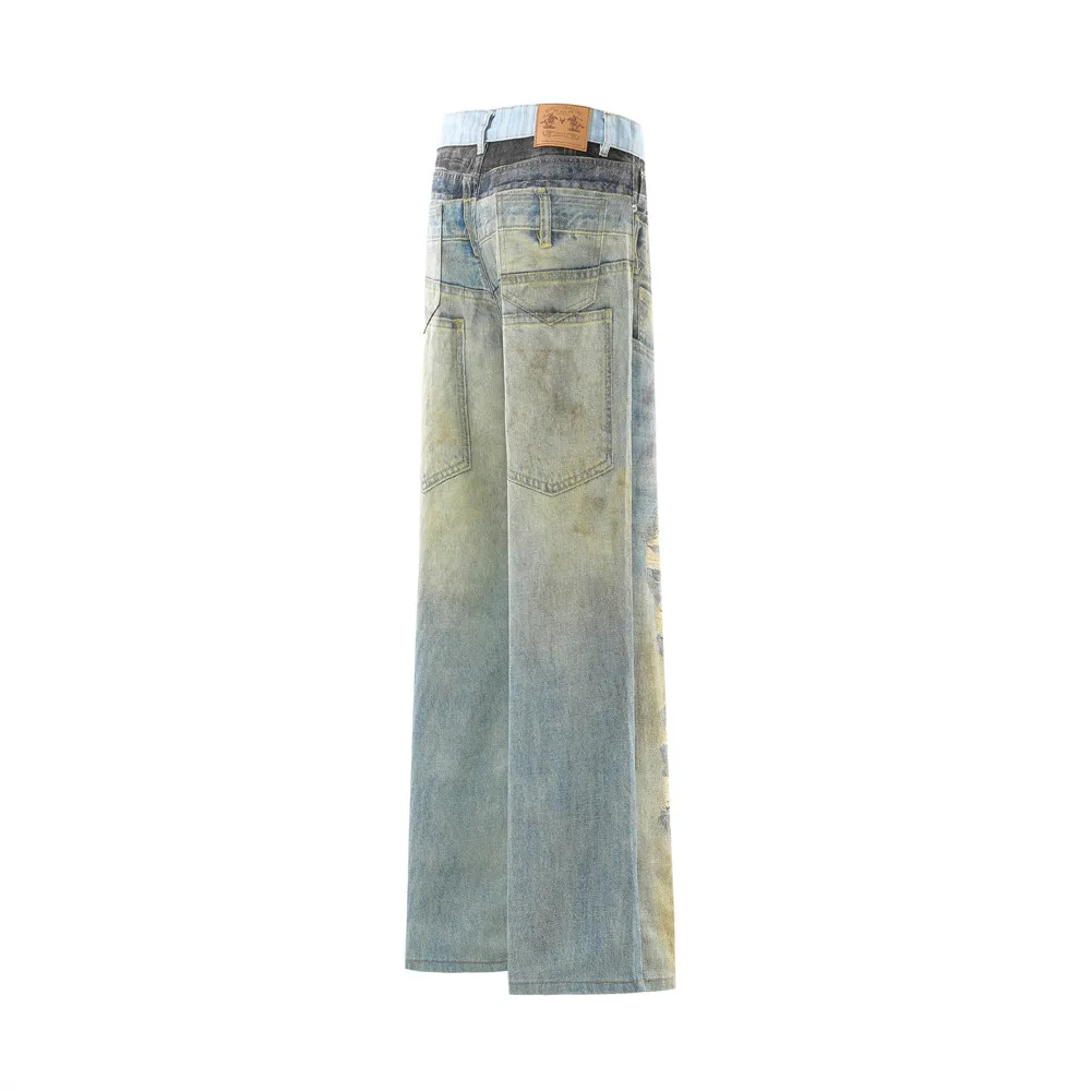MWJLPWQ Fake Two-Piece Double-Waistband Printed Jeans For Men Unique Design Distressed Autumn Straight-Leg Trousers Trendy 17201