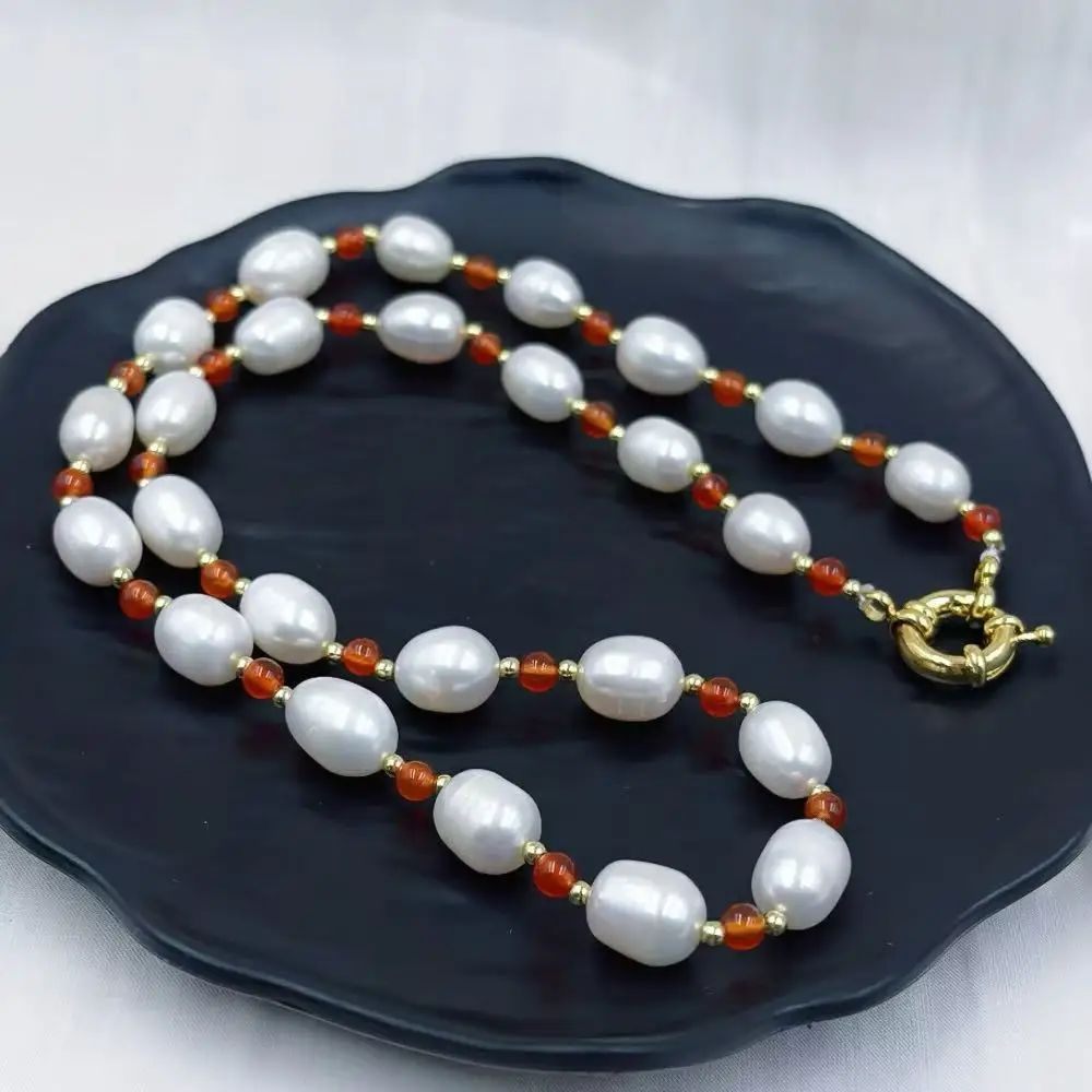 4mm 9-11mm Woman Wedding Elegant Jewelry Gift Red Aagte White Rice Natural Freshwater Olivary Pearl Necklace