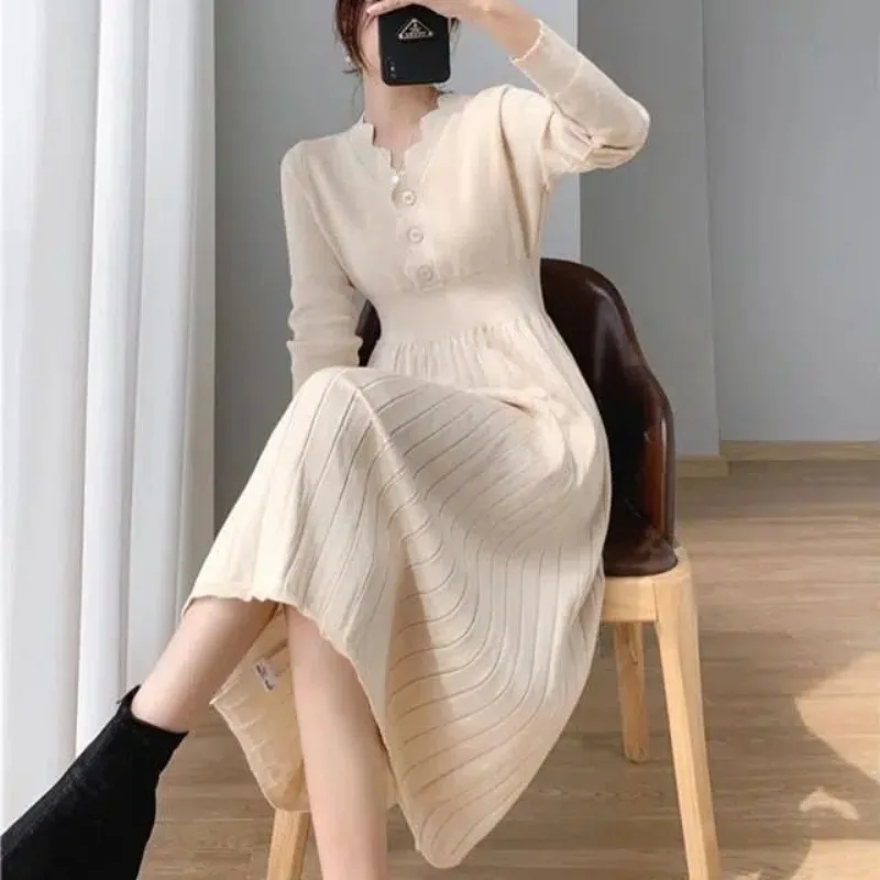Women Clothing Spring Autumn Fashion Office Lady Simplicity Elegant Button Solid Color Ladies V-neck Long Sleeve Casual Dresses