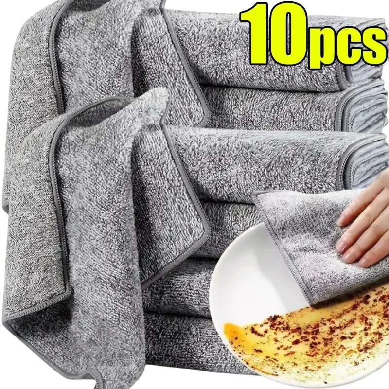 10/1PC Bamboo Charcoal Dishcloth  Thickened Super Absorbent Dishcloth Anti-grease Kitchen Wiping Rags Microfiber Cleaning Cloths