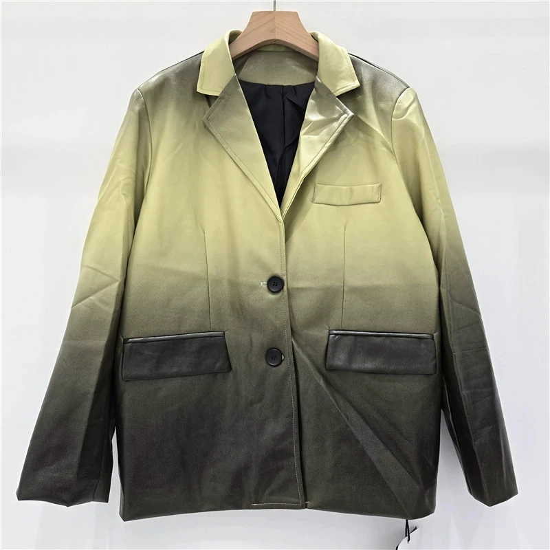 الخريف موضة التباين اللون فو بولي Leather بدلة جلدية سترة المرأة عادية محززة طوق واحدة الصدر كم طويل بليزرات معطف