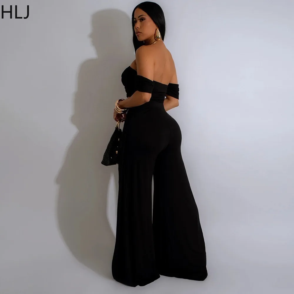 HLJ Fashion Slit Loose Wide Leg Pants 2 Piece Sets Outfit Women Off Shoulder Short Sleeve Crop Top And Pants Party Clubwear Suit