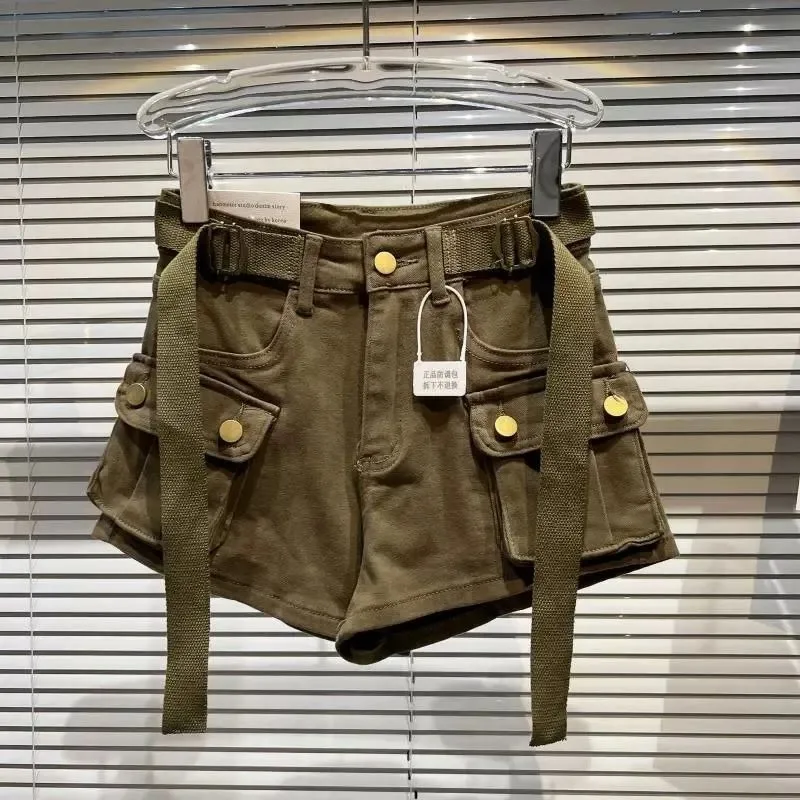 Pantaloncini cargo in denim kaki per donna Y2K 2025 Pantaloncini jeans vintage tascabili casual estivi Pantaloni corti in denim nero a vita alta femminile