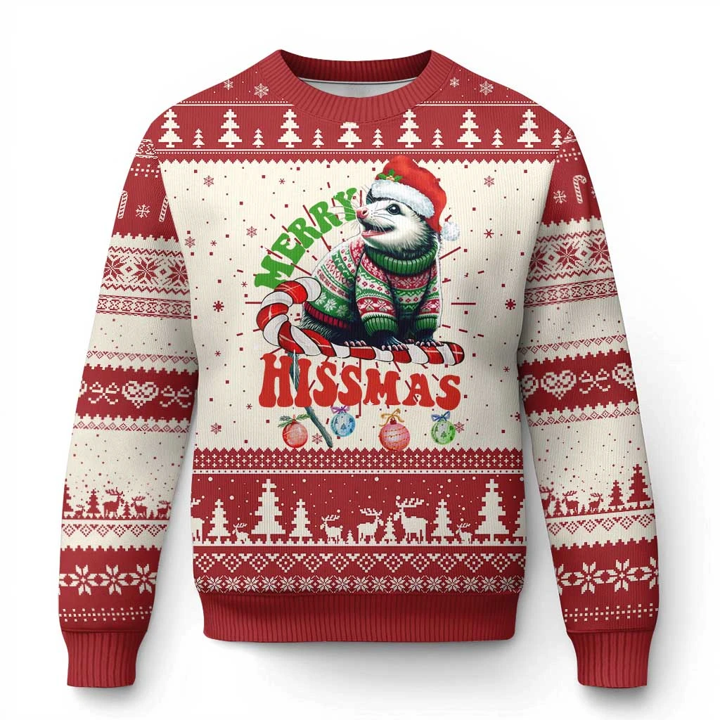 Family Matching Ugly Christmas Sweatshirt 3D Opossum Merry Hissmas Print Parent‑Kid Xmas Party Long Sleeve Crew Neck Tops