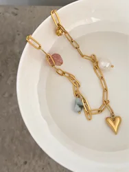 Titanium Mixed Pendant Heart Pearl Necklace Women Jewelry Punk Designer Runway Rare Simply Gown Boho Japan Korean