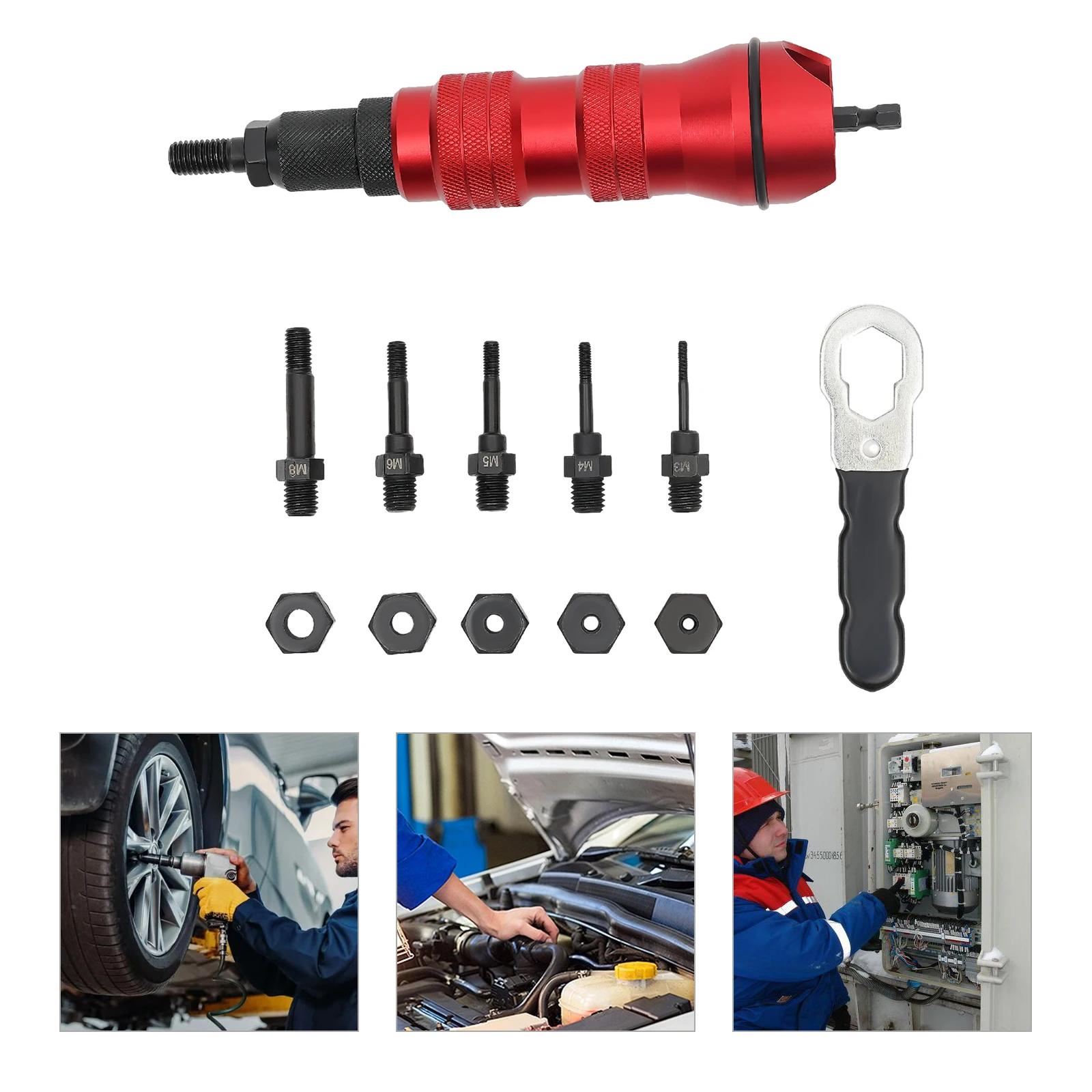 Threaded Rivet Nut Gun Tool Kit with M3-M10 6 Type Mandrels Spanner Rivet Nuts Attachment