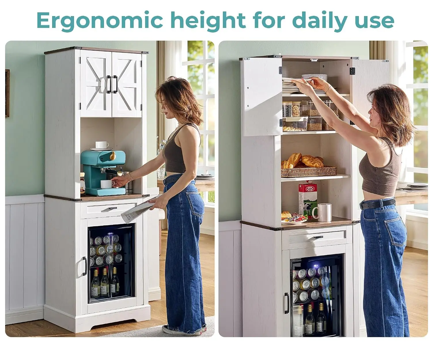 69" Coffee Bar Cabinet with Mini Fridge Storage, Tall Kitchen & Living Room Organizer, Customized