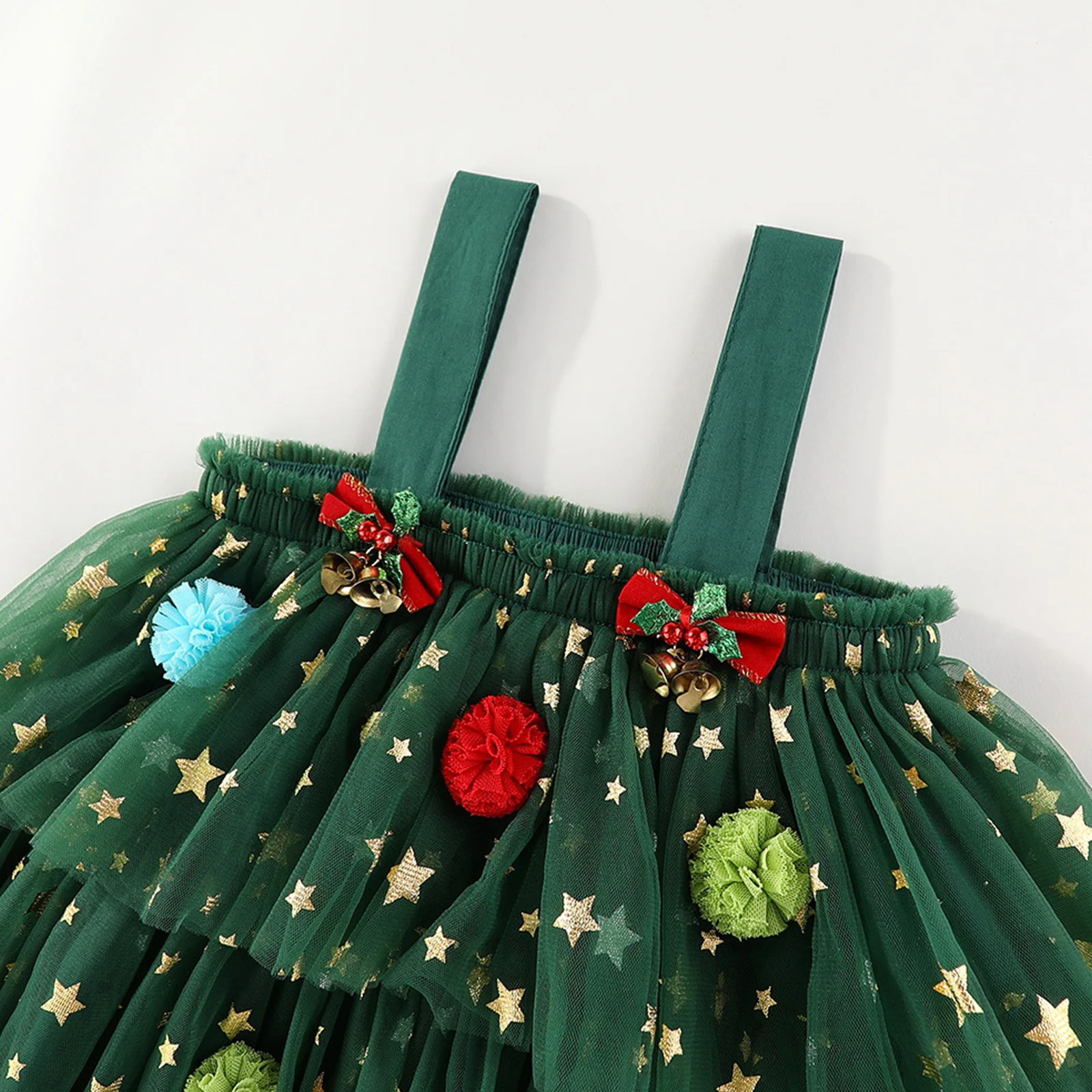 Baby Girl Christmas Tree Elements Costume Flower Glitter Star Christmas Bells Decoration Spaghetti Strap Mesh Patchwork Dress