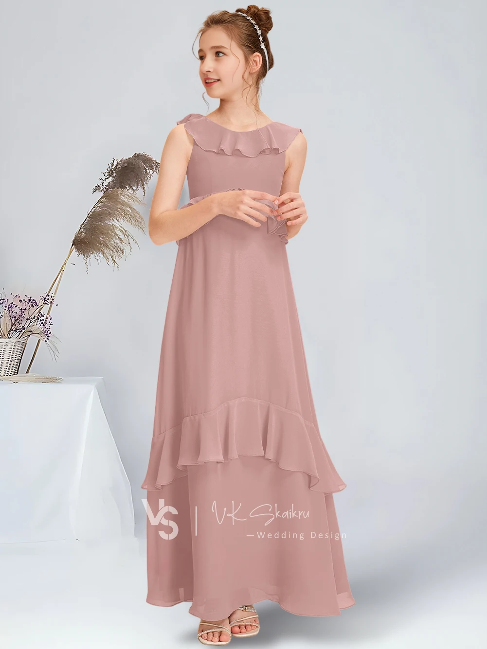 A-line Scoop Floor-Length Chiffon Junior Bridesmaid Dress With Cascading Ruffles Celadon Flower Girl Dress for Wedding Party