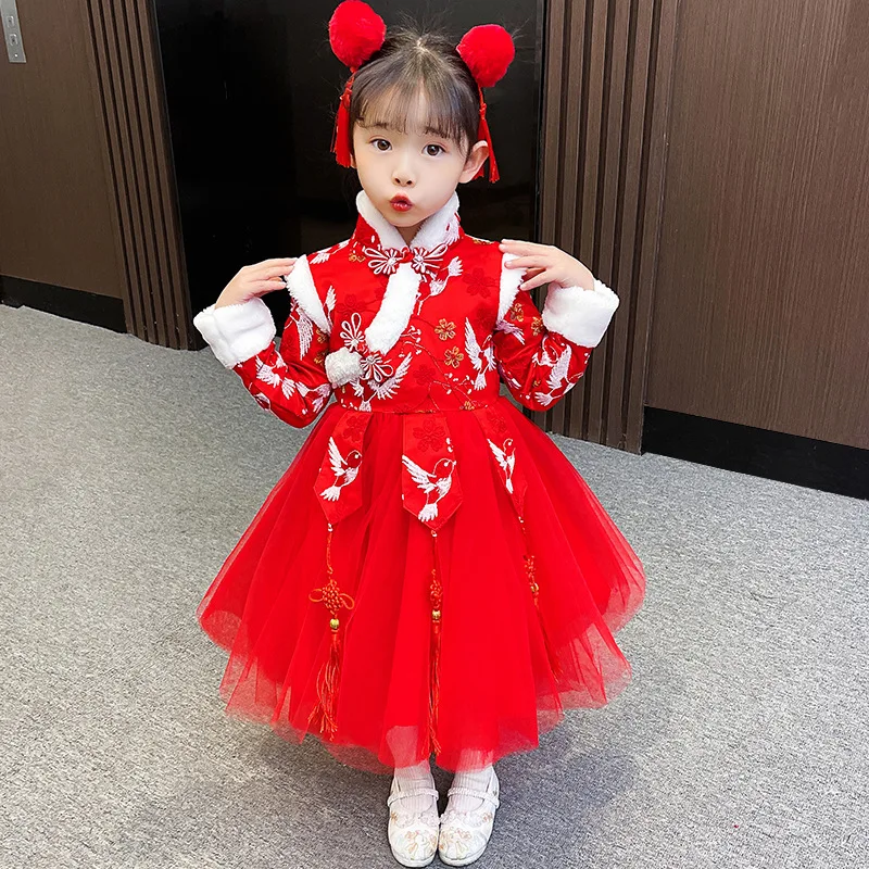 Girl Winter Retro Red Vintage Button Qipao Chinese Style Embroidery Tassel Hanfu Party Performance New Year Greeting Dresses