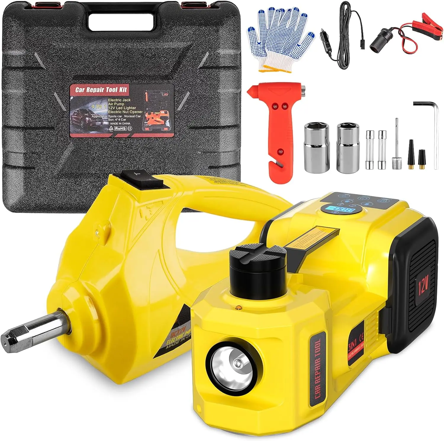 

5 Ton 12V Electric Car Jack with Digital Display, E-Impact Wrench, Tire Inflator & LED Light, 6.1~17.7 Inch Lift for Sedan, SUV,