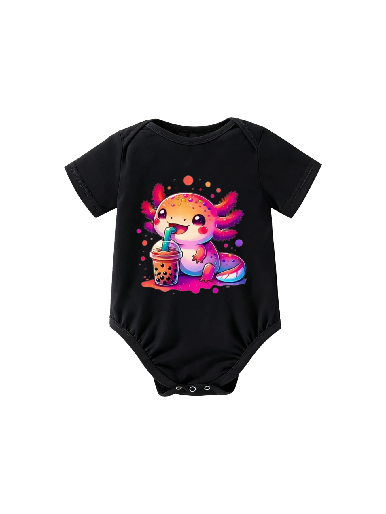 

​Baby Bodysuit Short Sleeve Axolotl Drinking Boba Tea with Colorful Scales for Newborn Boys and Girls Cute Animal Fun Outfit​