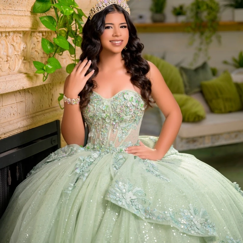 Sage verde brilhante quinceanera vestidos fora do ombro apliques rendas miçangas cristal espartilho tull festa de aniversário doce 16 vestido