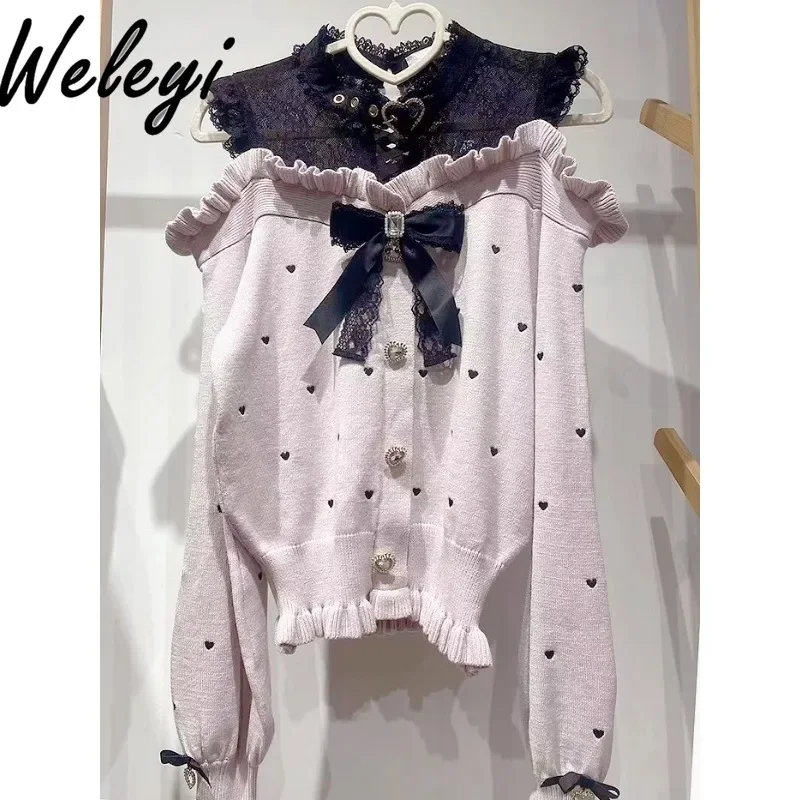 Japanese Mine Cute Bowknot Sweaters Sweet Mass Produced High Quality Popular Embroidery Love Lace Strap Off Shoulder Knitwear