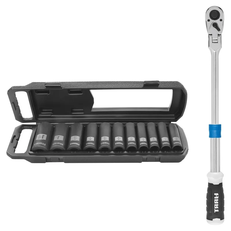 

Extendable 1/2-inch Drive Ratchet Flexible Head 90 Tooth High Torque Impact Socket Set 11-Piece SAE Chrome Vanadium Steel Tools