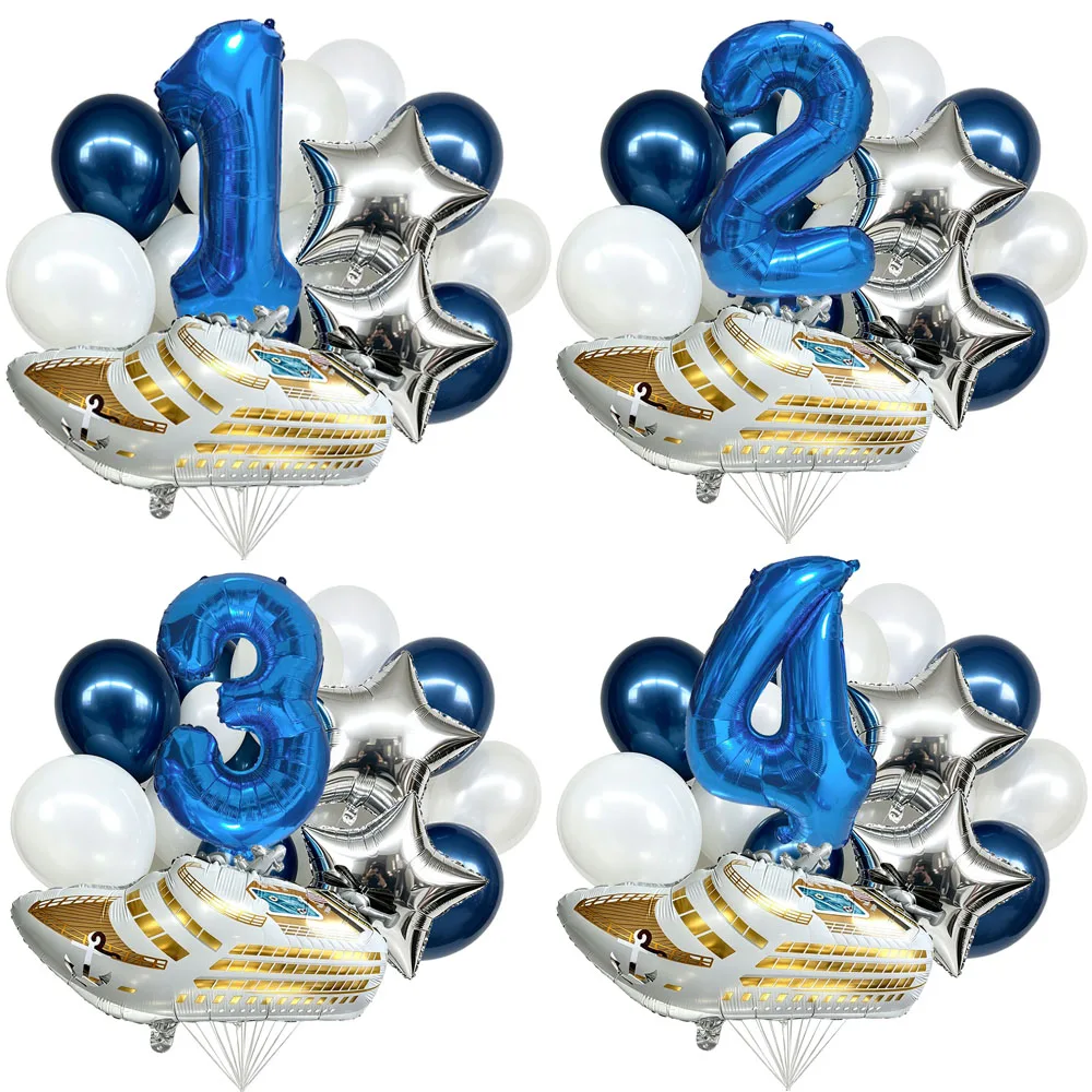 Kreuzfahrtschiff Ballon-Set 1-9. Geburtstag Deko Blau Silber Stern Latex Ballon Ozean Yacht Nautisches Themen Geburtstagsparty Dekoration ﻿